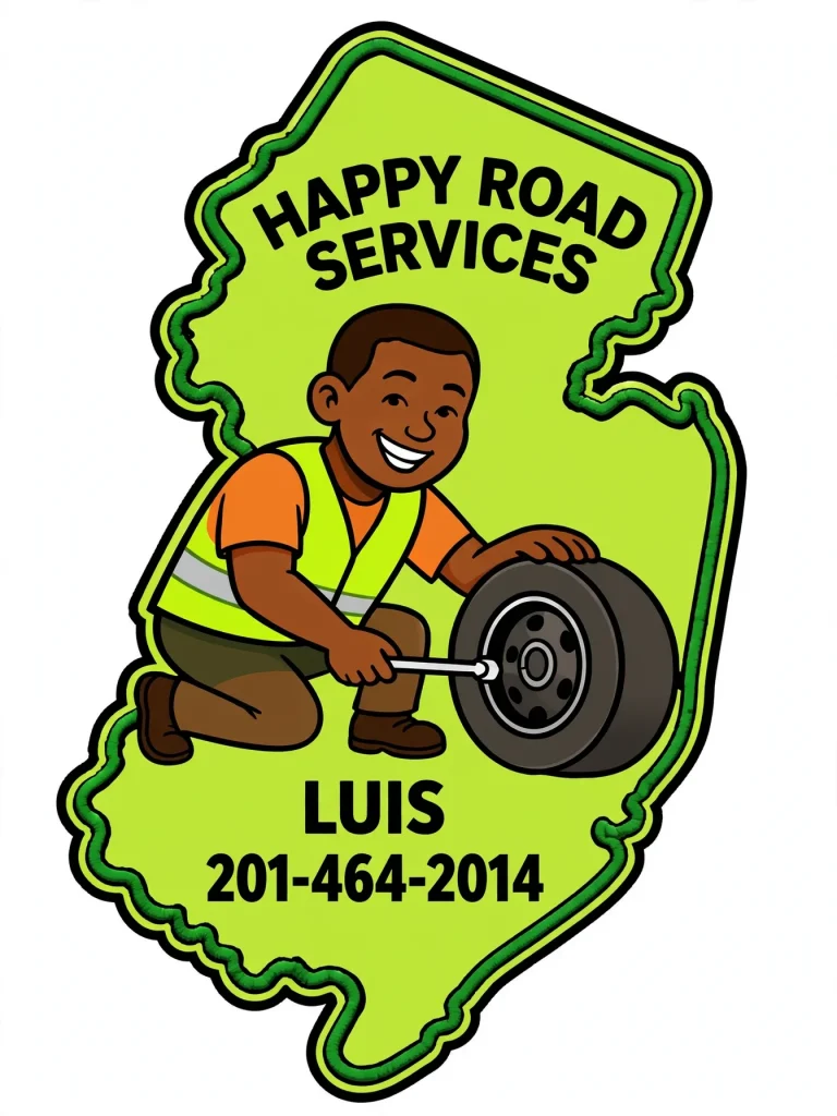 Happy road services mascot logo happy road services mascot logo on top of the new jersey outline