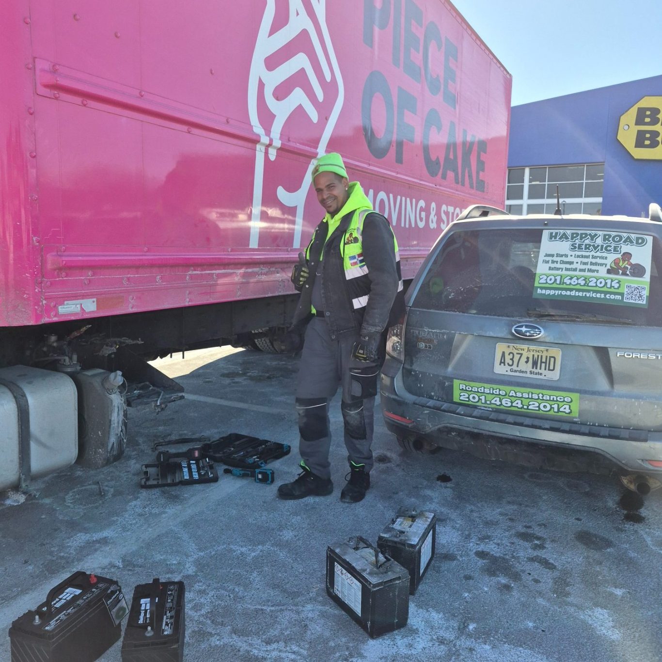 Battery Change / Jump start In Jersey City, NJ . Hudson county Has 24/7 Mobile tire repair provided by happy road services 