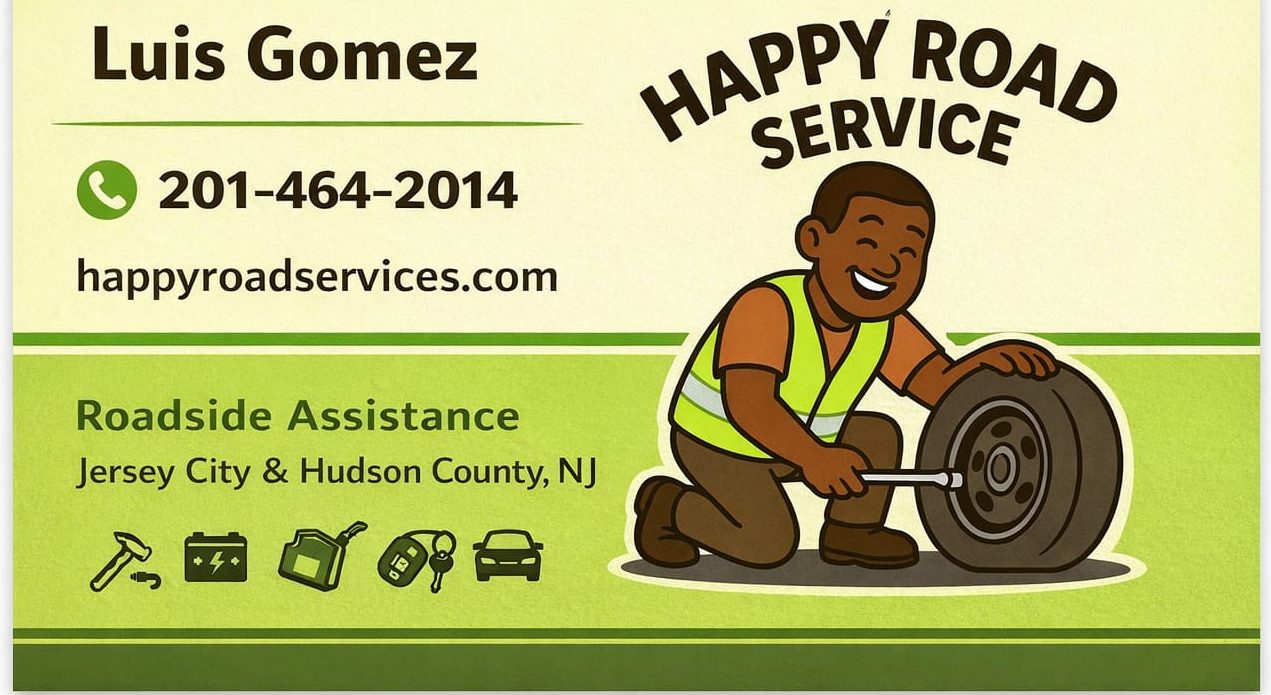 Happy Road Service Contact info 201-464-2014 & the services jump start, tire change, car lockout, fuel delivery in Hudson County NJ